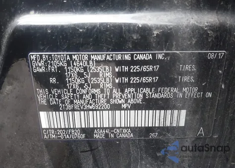 2017 Toyota Rav4 Le из США, поврежденный, VIN 2T3BFREV3HW692200